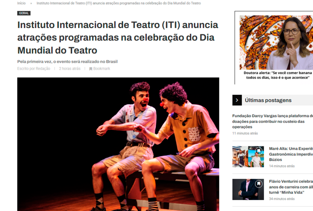 Instituto Internacional de Teatro (ITI) anuncia atrações programadas na celebração do Dia Mundial do Teatro