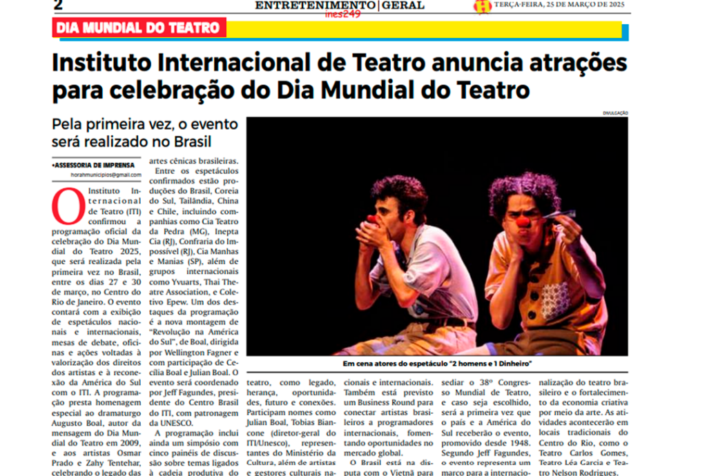 Instituto Internacional de Teatro anuncia atrações para celebração do Dia Mundial do Teatro