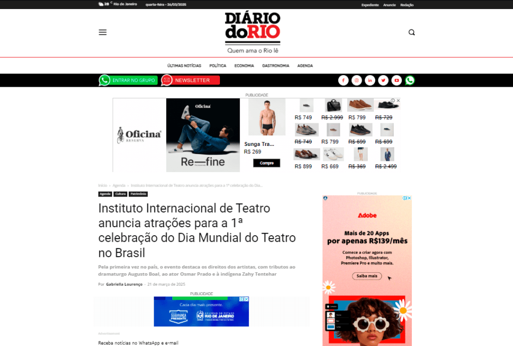 Instituto Internacional de Teatro anuncia atrações para a 1ª celebração do Dia Mundial do Teatro no Brasil