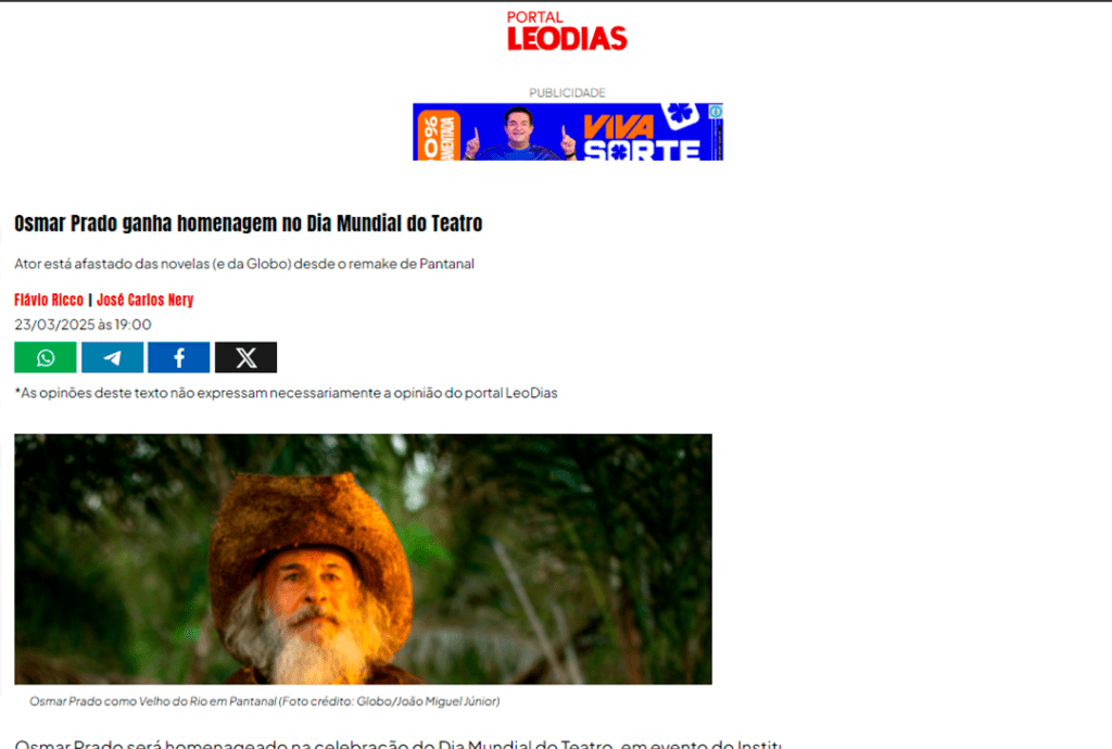 Osmar Prado ganha homenagem no Dia Mundial do Teatro